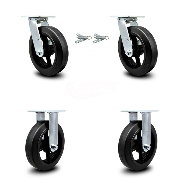8 Inch Rubber on Steel Caster Set with Roller Bearings 2 Swivel Lock 2 Rigid SCC